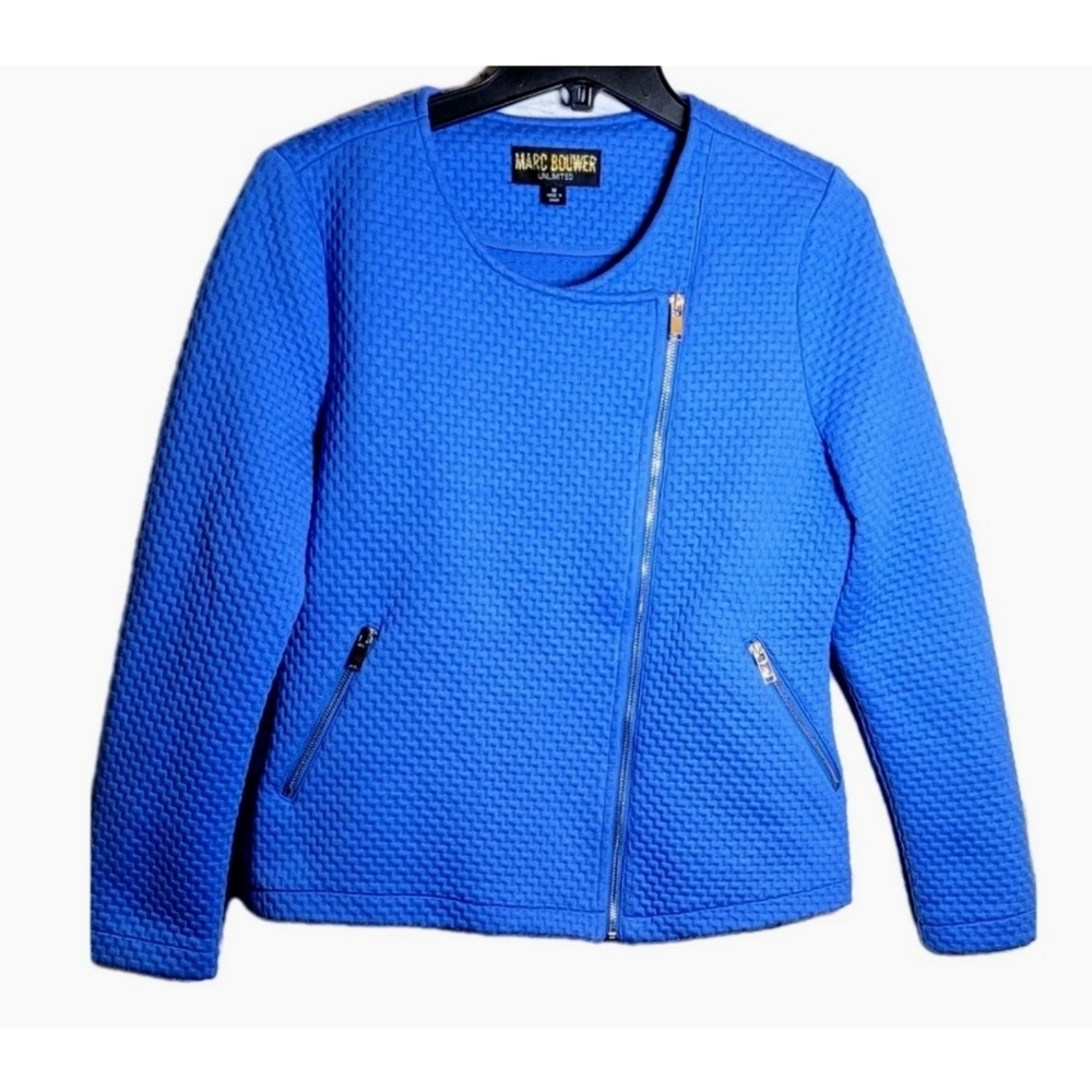 Marc Bouwer Moto Jacket Blazer Blue Waffle Knit Silver Zippers Women's Size M